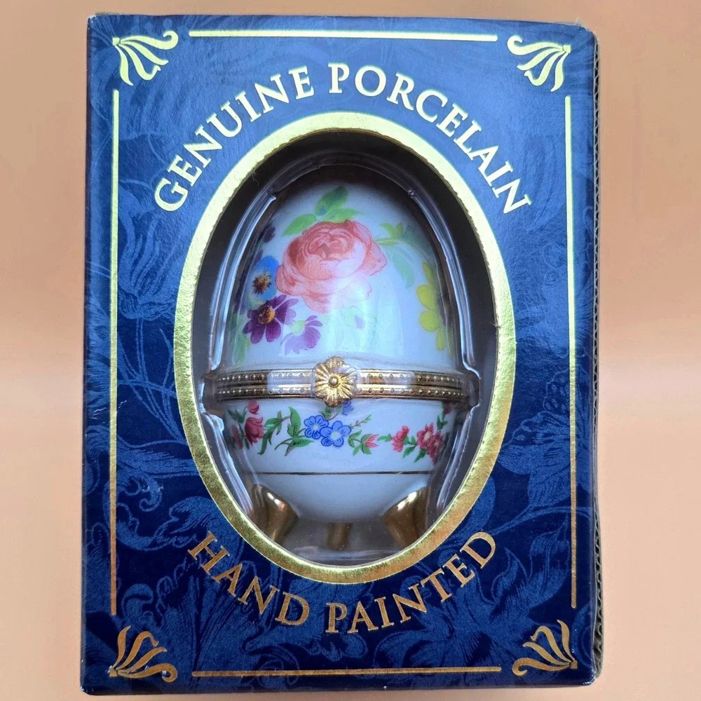 My Treasure Fabulous Egg Hand Painted Porcelain Floral Trinket Box Gold Feet